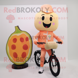 Peach Unicyclist mascot costume character dressed with a Parka and Clutch bags