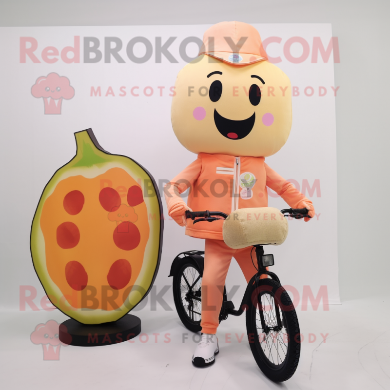 Peach Unicyclist mascot costume character dressed with a Parka and Clutch bags Peach Unicyclist mascot costume character dressed with a Parka and Clutch bags