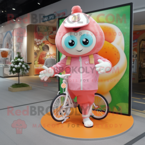 Peach Unicyclist mascot costume character dressed with a Parka and Clutch bags