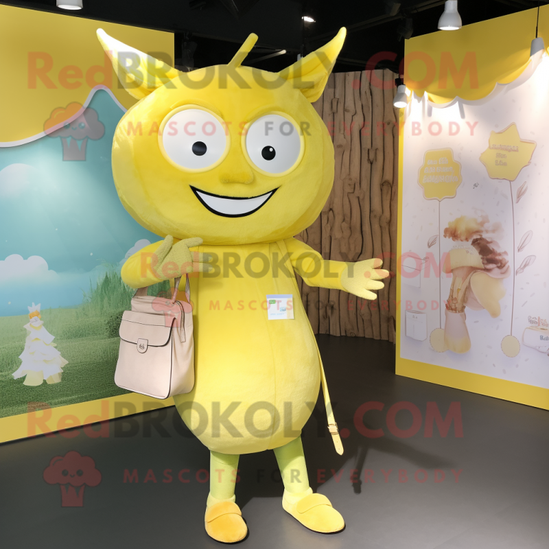 Lemon Yellow Tooth Fairy mascot costume character dressed with a Henley Shirt and Handbags