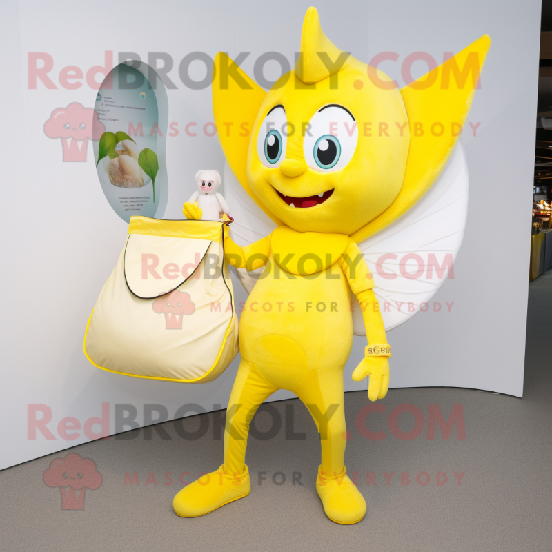 Lemon Yellow Tooth Fairy mascot costume character dressed with a Henley Shirt and Handbags