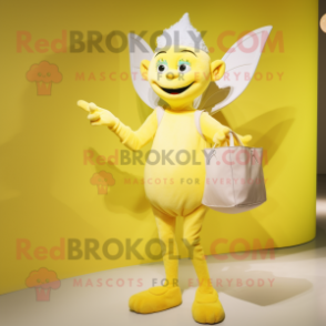 Lemon Yellow Tooth Fairy mascot costume character dressed with a Henley Shirt and Handbags