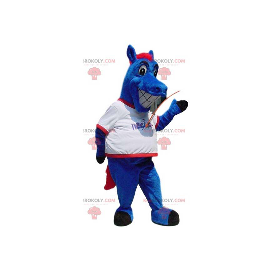 Mascote do cavalo azul maluco, com uma camisa branca -