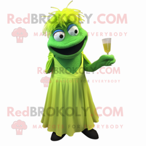 Lime Green But mascot costume character dressed with a Cocktail Dress and Shawl pins