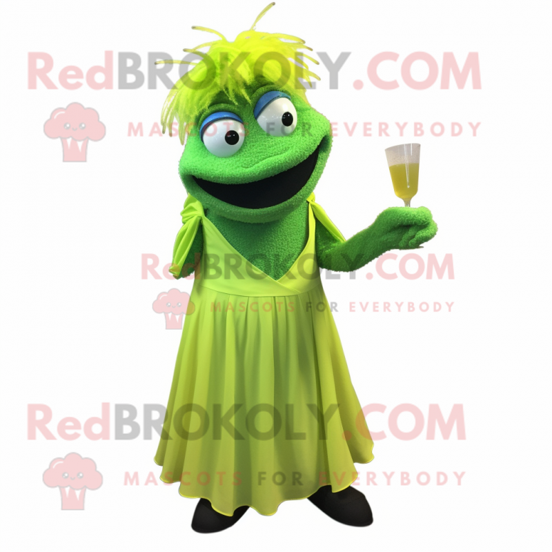 Lime Green But mascot costume character dressed with a Cocktail Dress and Shawl pins Lime Green But mascot costume character dressed with a Cocktail Dress and Shawl pins