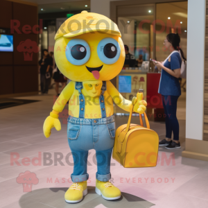 Yellow Candy mascot costume character dressed with a Denim Shorts and Handbags