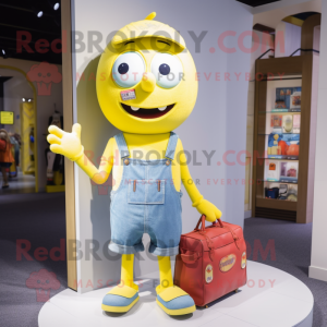 Yellow Candy mascot costume character dressed with a Denim Shorts and Handbags