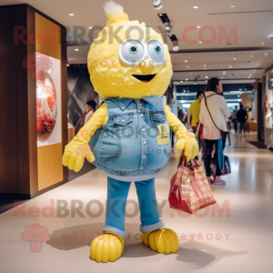 Yellow Candy mascot costume character dressed with a Denim Shorts and Handbags