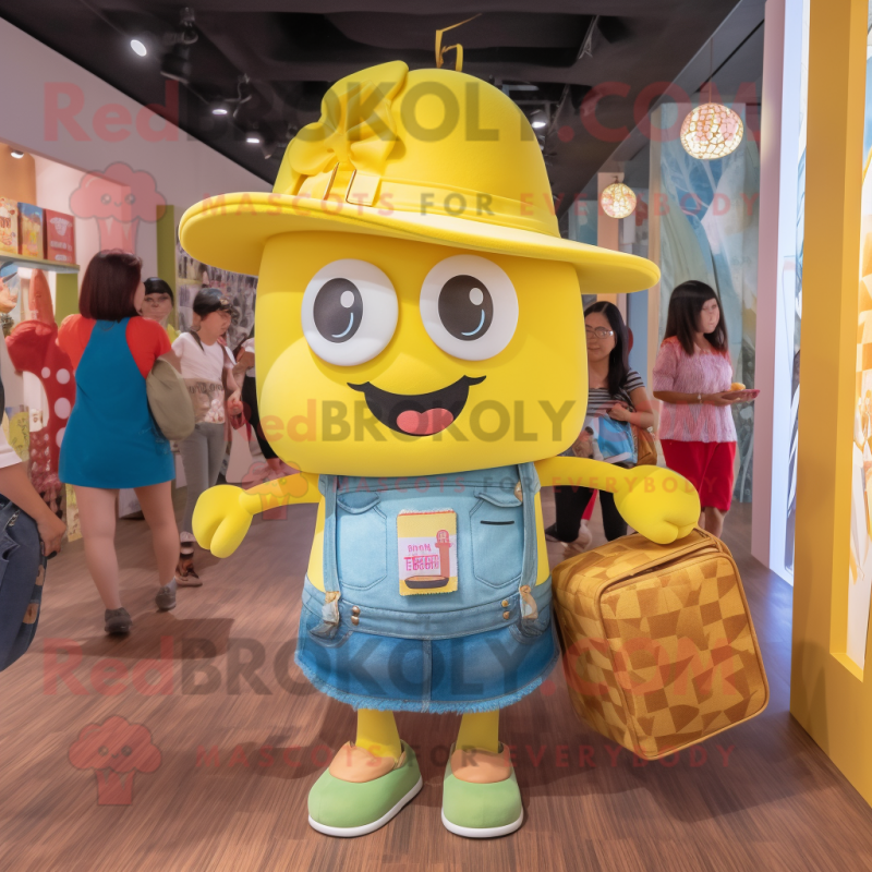 Yellow Candy mascot costume character dressed with a Denim Shorts and Handbags