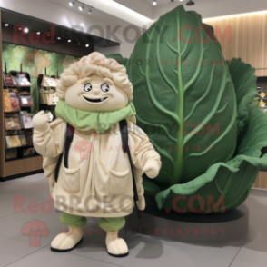 Beige Cabbage Leaf mascot costume character dressed with a Hoodie and Handbags