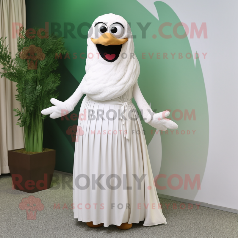 White Aglet mascot costume character dressed with a Maxi Dress and Belts