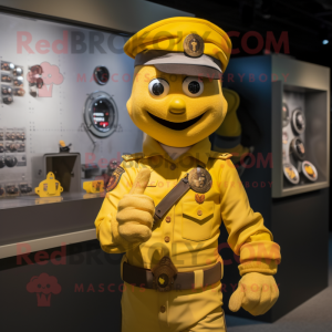 Yellow Soldier mascot costume character dressed with a Button-Up Shirt and Bracelets