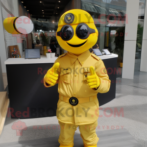 Yellow Soldier mascot costume character dressed with a Button-Up Shirt and Bracelets