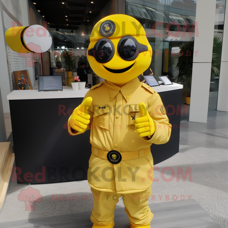 Yellow Soldier mascot costume character dressed with a Button-Up Shirt and Bracelets Yellow Soldier mascot costume character dressed with a Button-Up Shirt and Bracelets