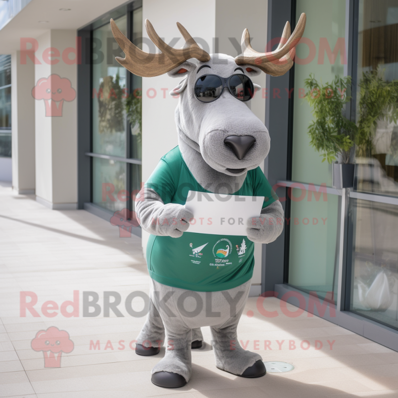 Silver Irish Elk mascot costume character dressed with a Capri Pants and Reading glasses