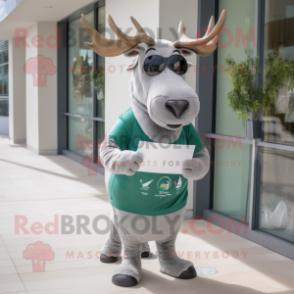 Silver Irish Elk mascot costume character dressed with a Capri Pants and Reading glasses