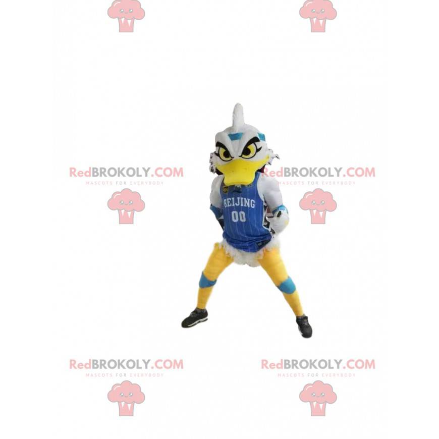 Mascotte de canard blanc à l'air méchant, avec une tenue de Mascotte de canard blanc à l'air méchant, avec une tenue de