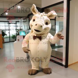 Beige Rhinoceros mascot costume character dressed with a Long Sleeve Tee and Bow ties