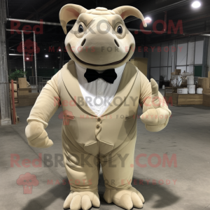 Beige Rhinoceros mascot costume character dressed with a Long Sleeve Tee and Bow ties