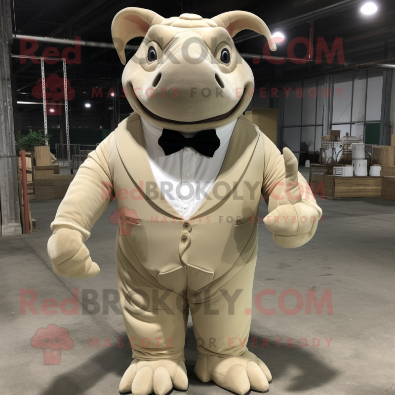 Beige Rhinoceros mascot costume character dressed with a Long Sleeve Tee and Bow ties Beige Rhinoceros mascot costume character dressed with a Long Sleeve Tee and Bow ties