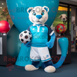 Cyan Puma mascot costume character dressed with a Rugby Shirt and Keychains