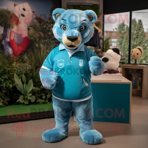 Cyan Puma mascot costume character dressed with a Rugby Shirt and Keychains