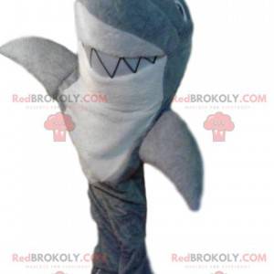 Mascotte de requin gris et blanc très souriant - Redbrokoly.com