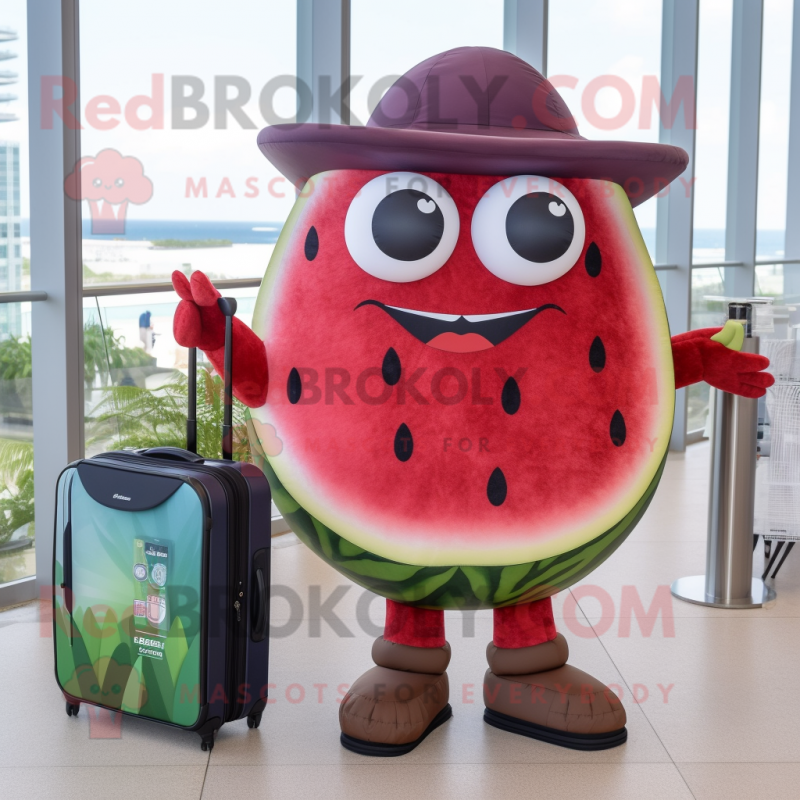 Maroon Watermelon mascot costume character dressed with a Swimwear and Briefcases Maroon Watermelon mascot costume character dressed with a Swimwear and Briefcases
