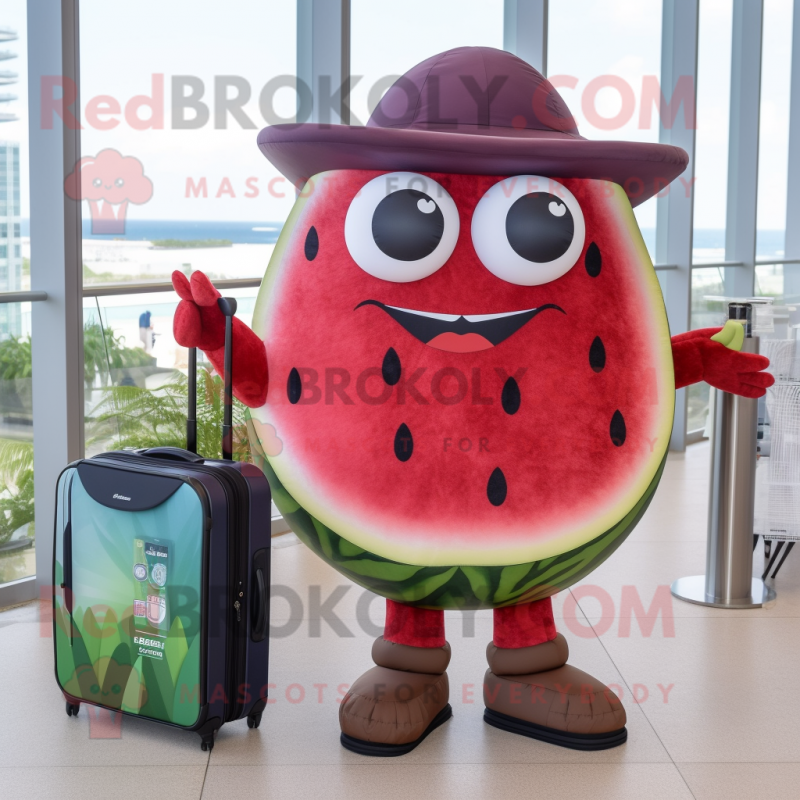 Maroon Watermelon mascot costume character dressed with a Swimwear and Briefcases