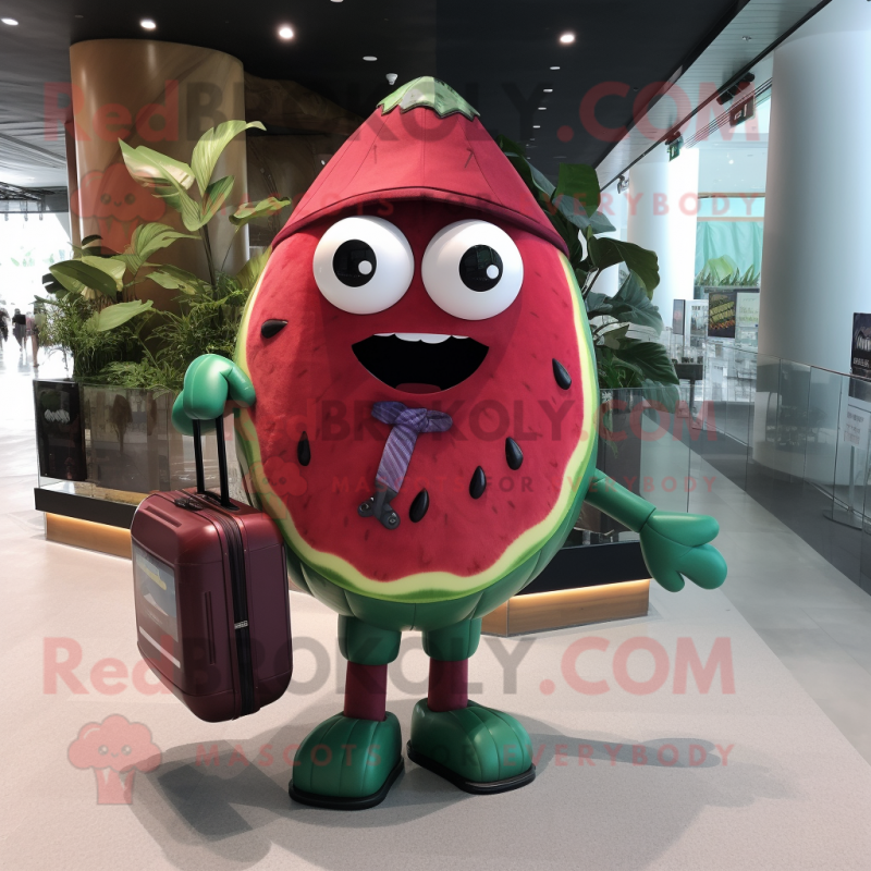 Maroon Watermelon mascot costume character dressed with a Swimwear and Briefcases Maroon Watermelon mascot costume character dressed with a Swimwear and Briefcases