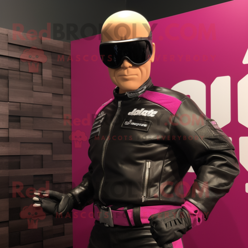 Magenta Gi Joe mascot costume character dressed with a Biker Jacket and Eyeglasses