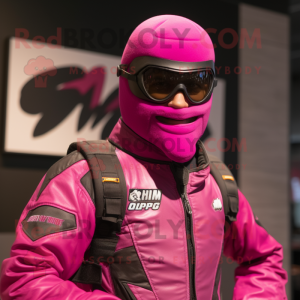 Magenta Gi Joe mascot costume character dressed with a Biker Jacket and Eyeglasses