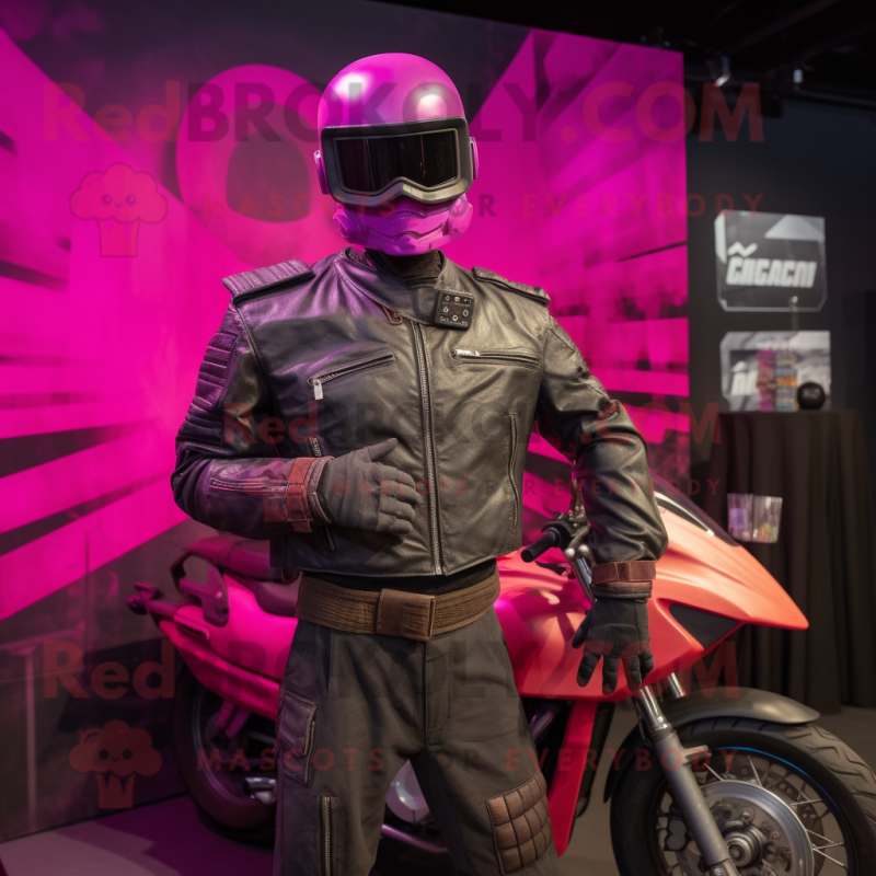 Magenta Gi Joe mascot costume character dressed with a Biker Jacket and Eyeglasses Magenta Gi Joe mascot costume character dressed with a Biker Jacket and Eyeglasses