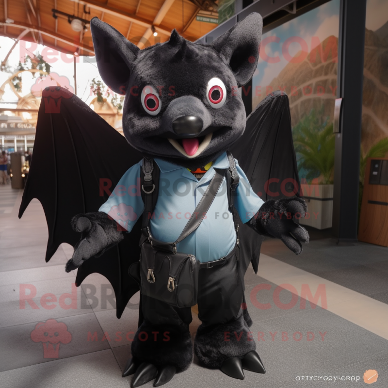 Black Bat mascot costume character dressed with a Vest and Messenger bags