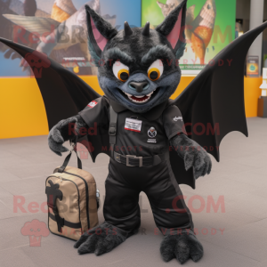 Black Bat mascot costume character dressed with a Vest and Messenger bags