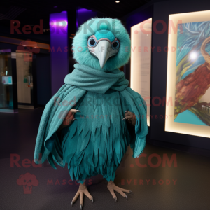 Turquoise Vulture mascot costume character dressed with a Romper and Shawls