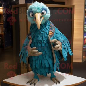 Turquoise Vulture mascot costume character dressed with a Romper and Shawls