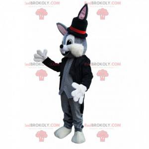 Mascotte de lapin gris avec un costume de magicien -