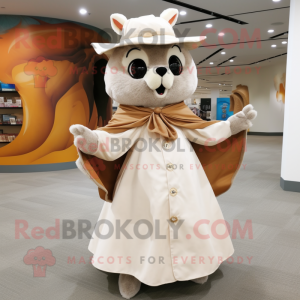 Cream Flying Squirrel mascot costume character dressed with a A-Line Skirt and Hat pins