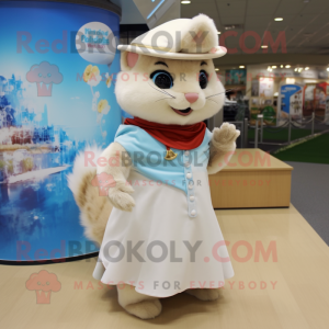 Cream Flying Squirrel mascot costume character dressed with a A-Line Skirt and Hat pins