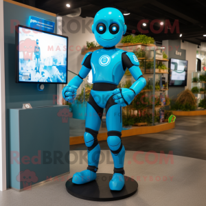 Cyan Superhero mascot costume character dressed with a Jeggings and Digital watches