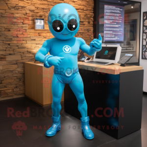 Cyan Superhero mascot costume character dressed with a Jeggings and Digital watches