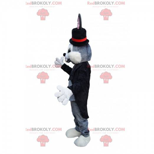 Mascotte de lapin gris avec un costume de magicien -