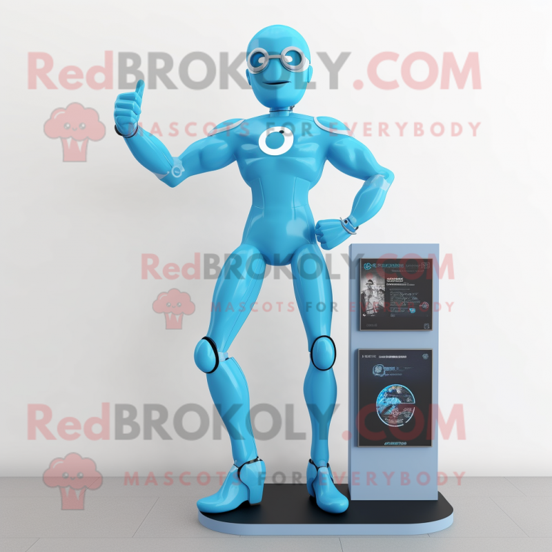 Cyan Superhero mascot costume character dressed with a Jeggings and Digital watches