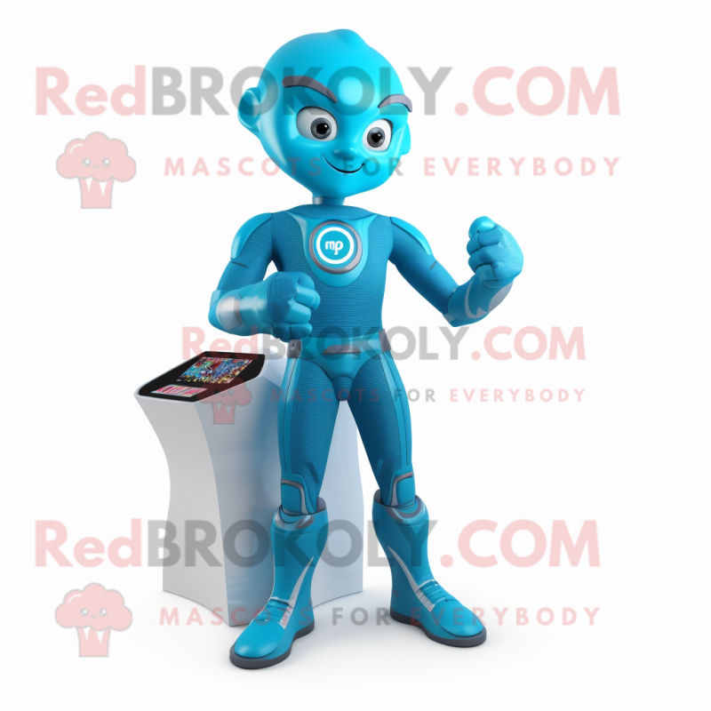 Cyan Superhero mascot costume character dressed with a Jeggings and Digital watches Cyan Superhero mascot costume character dressed with a Jeggings and Digital watches