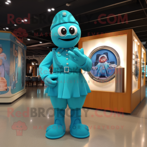 Turquoise Army Soldier mascot costume character dressed with a Evening Gown and Digital watches