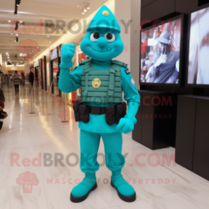 Turquoise Army Soldier mascot costume character dressed with a Evening Gown and Digital watches