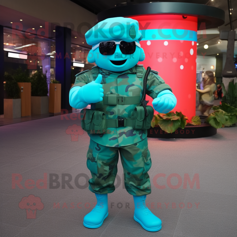 Turquoise Army Soldier mascot costume character dressed with a Evening Gown and Digital watches