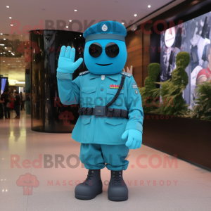 Turquoise Army Soldier mascot costume character dressed with a Evening Gown and Digital watches