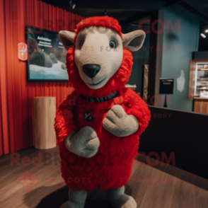 Red Merino Sheep mascot costume character dressed with a Polo Shirt and Mittens